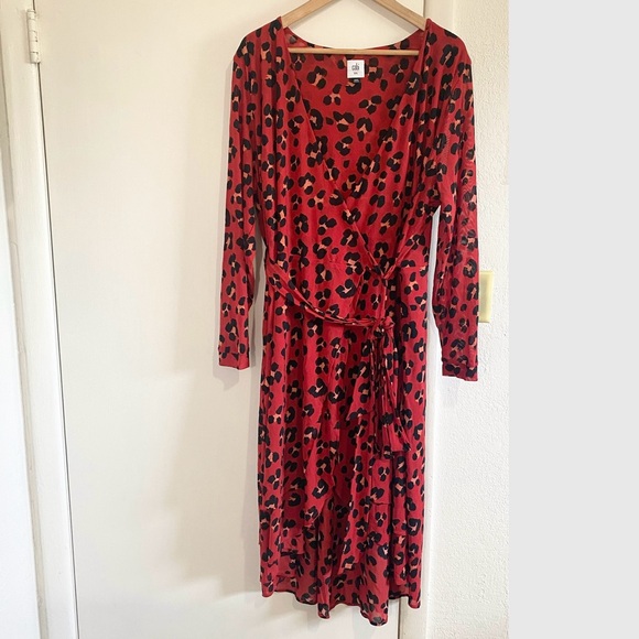 Cabi Red Leopard Print Wrap Dress Long Sleeve Midi Tie Waist Size XXL Preppy - Picture 1 of 9